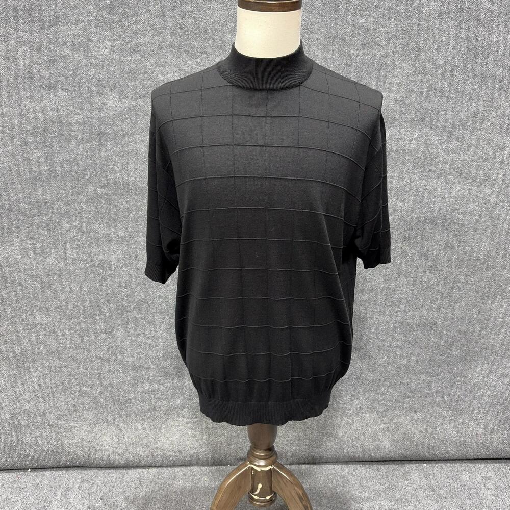 Paul Fredrick Sweater Mens XL Black Silk Mock Neck Short Sleeve Geometric Knit